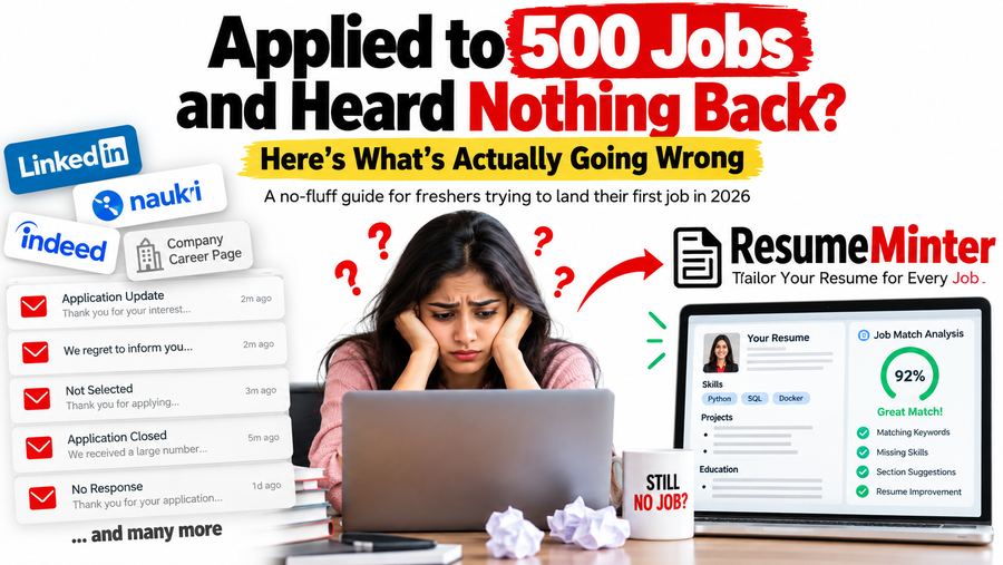 A stressed job seeker surrounded by rejection and no-response emails from LinkedIn, Naukri and Indeed, next to a Resume Minter resume-to-job match score of 92%.