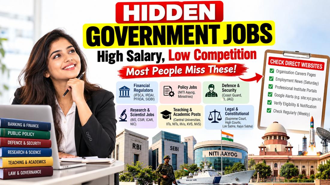 Hidden government jobs with high salary and low competition: lesser-known financial regulators such as IFSCA, IRDAI and PFRDA; contract policy jobs including NITI Aayog; niche defence and security roles such as the Coast Guard and JAG; research and scientist jobs at BIS, CSIR, ICAR and NIC; teaching and academic posts at central universities, IITs, NITs and IIMs; and legal and constitutional bodies including the Supreme Court and Lok Sabha and Rajya Sabha secretariats, shown against RBI, SEBI and NITI Aayog office backdrops.