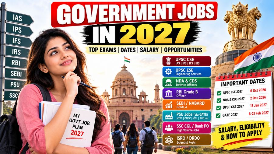 A collage for government jobs in India 2027: a young woman holding a 'My Govt Job Plan 2027' notebook next to a signpost listing IAS, IPS, IFS, IRS, RBI, SEBI, PSU and SSC, the Rashtrapati Bhavan and national emblem in the background, a list of exam categories including UPSC CSE, UPSC ESE, NDA and CDS, RBI Grade B, SEBI and NABARD, PSU jobs via GATE, SSC CGL and Bank PO, and ISRO and DRDO, with an important-dates note listing UPSC ESE 2027, NDA and CDS 2027, UPSC CSE 2027 and GATE 2027.
