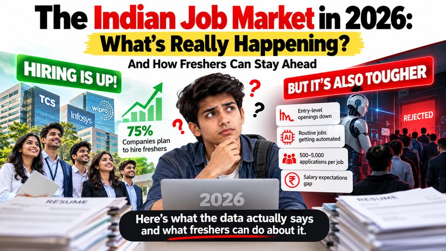 A fresher stands between two signals: hiring is up, with TCS, Wipro and Infosys planning to hire and 75% of companies intending to hire freshers, versus hiring is tougher, with entry-level openings down, routine jobs automated, 500 to 5,000 applications per job, and a salary expectations gap.