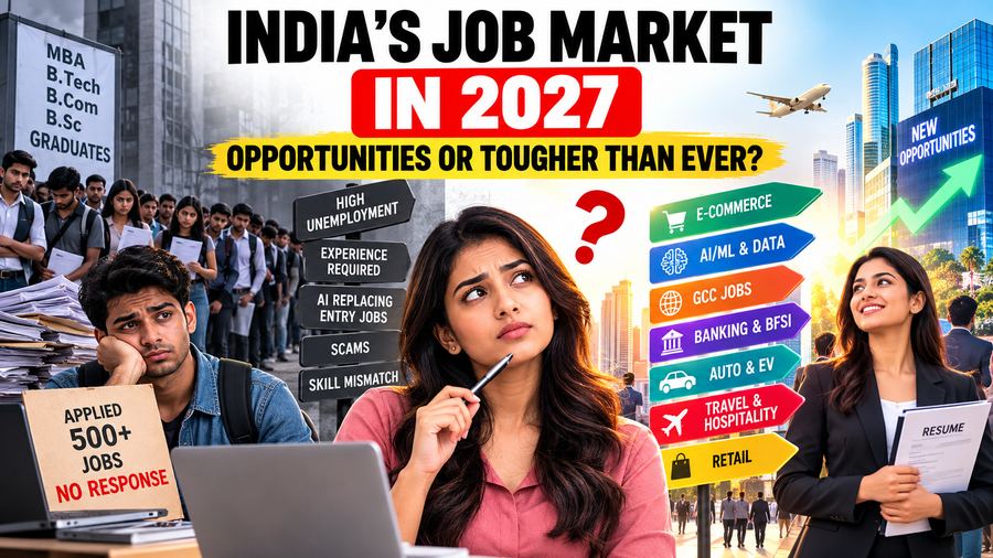 A collage showing India's 2027 job market: graduates queued with resumes and a sign reading 'Applied 500+ jobs, no response' on one side, a woman thinking between signposts reading high unemployment, experience required, AI replacing entry jobs, scams and skill mismatch, and arrows pointing to growing areas like e-commerce, AI/ML, GCC jobs, banking, auto and EV, travel and retail on the other.