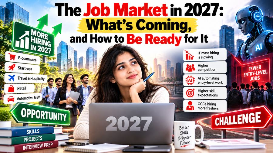 A job seeker at a laptop labeled 2027, flanked by green opportunity signs for e-commerce, start-ups, travel and hospitality, retail and automotive/EV, and red challenge signs for slowing IT mass hiring, higher competition, AI automating entry-level work, higher skill expectations, and GCCs hiring more freshers.