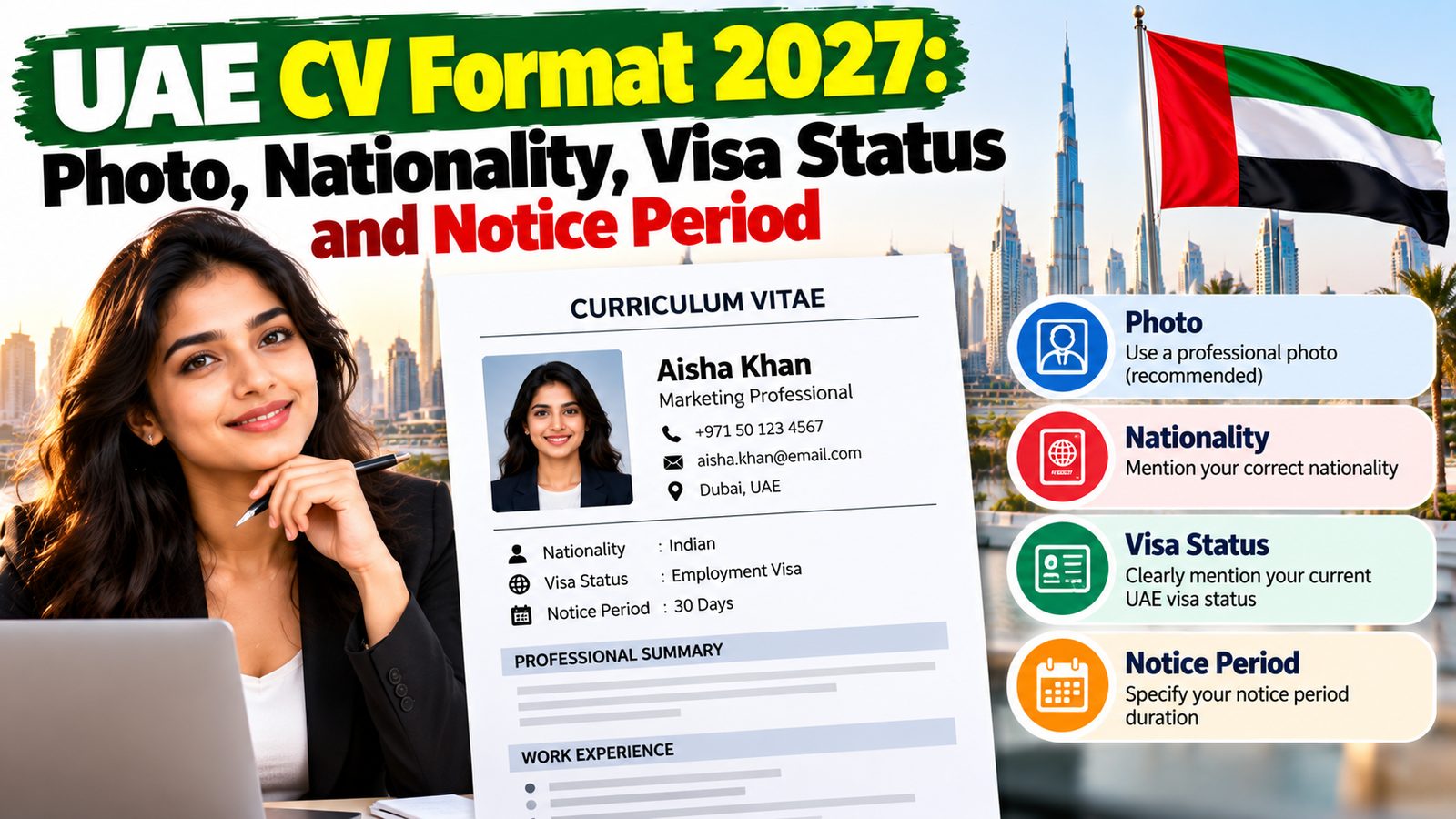 UAE CV format 2027: photo, nationality, visa status and notice period