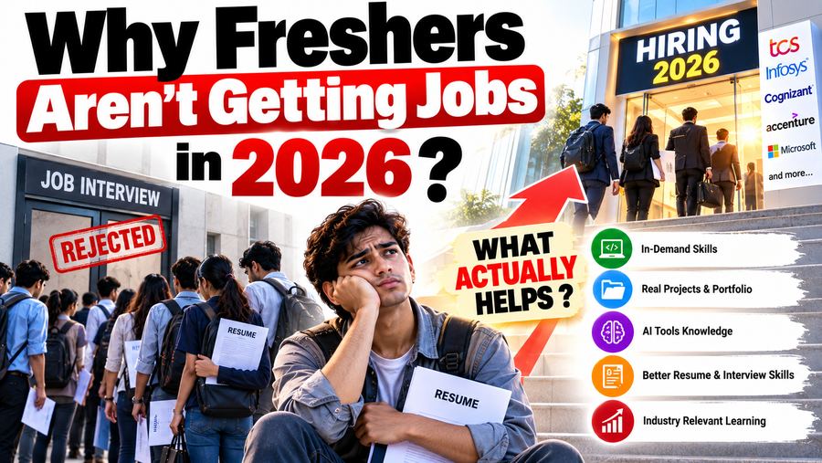 Illustration: a rejected job seeker in a long interview line, next to a checklist of what actually helps -- in-demand skills, real projects, AI tools, resume and interview skills, and industry-relevant learning.
